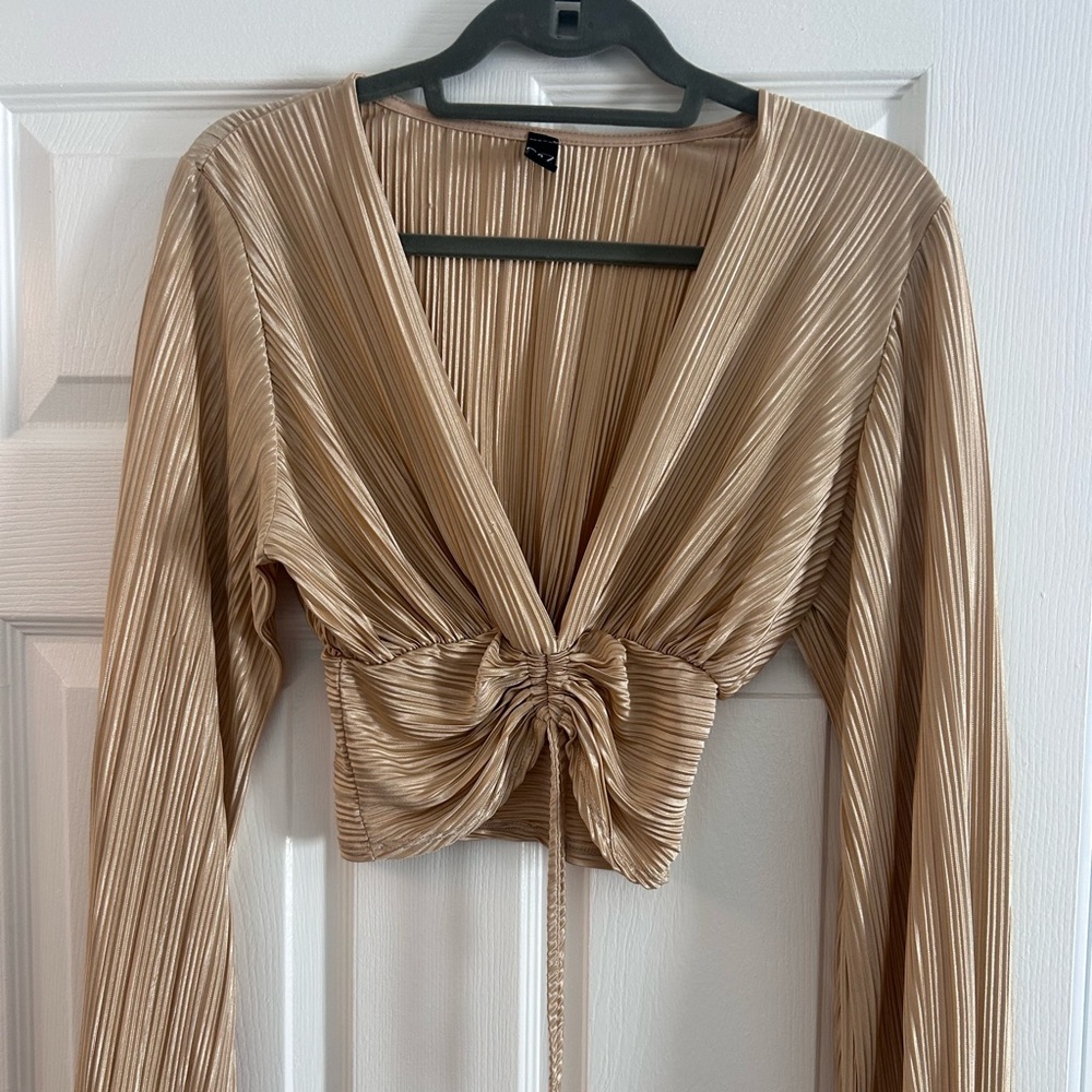 Windsor Tan Long Sleeve Ruched Crop Blouse